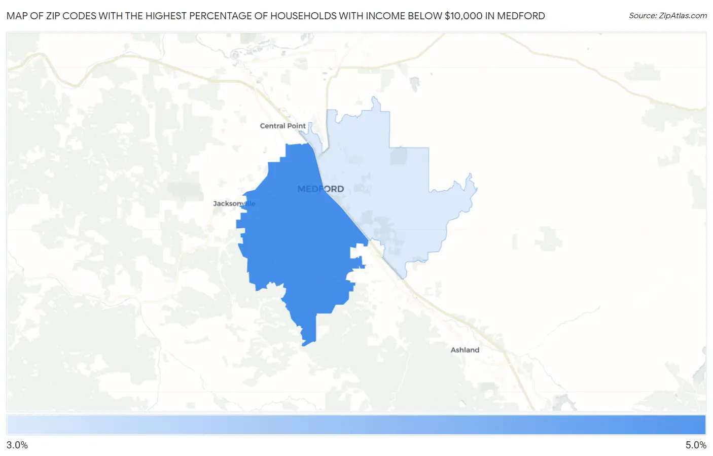 Zip Codes with the Highest Percentage of Households with Income Below $10,000 in Medford Map