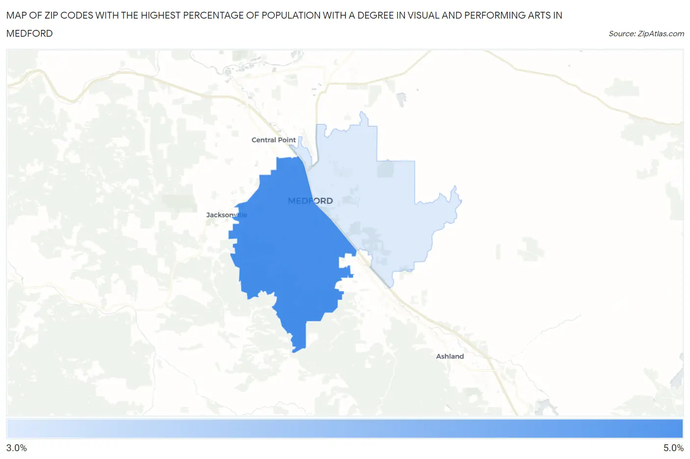 Zip Codes with the Highest Percentage of Population with a Degree in Visual and Performing Arts in Medford Map