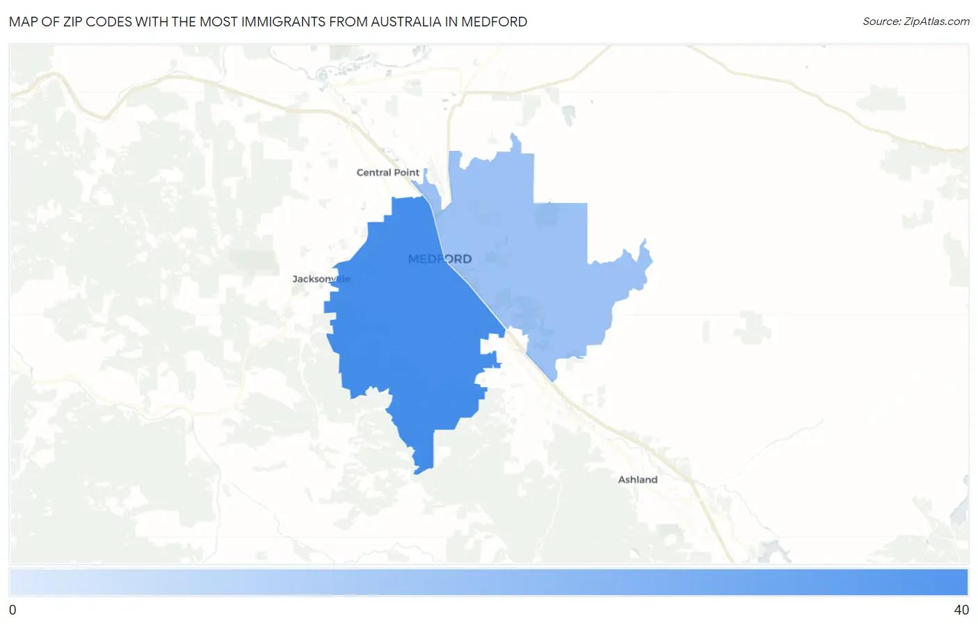 Zip Codes with the Most Immigrants from Australia in Medford Map