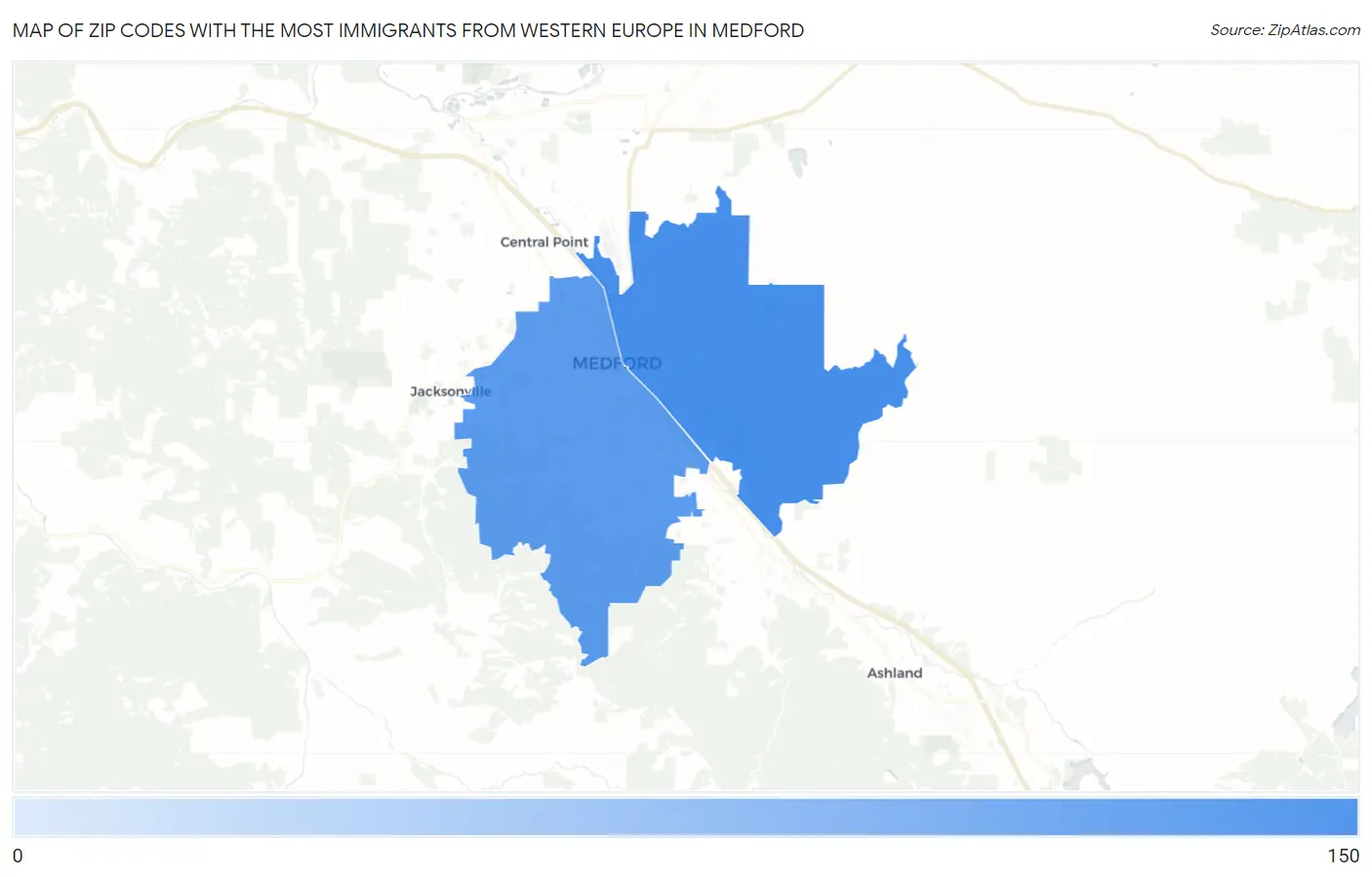 Zip Codes with the Most Immigrants from Western Europe in Medford Map