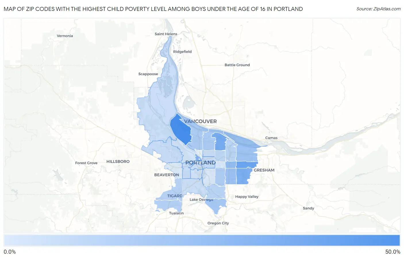 Zip Codes with the Highest Child Poverty Level Among Boys Under the Age of 16 in Portland Map