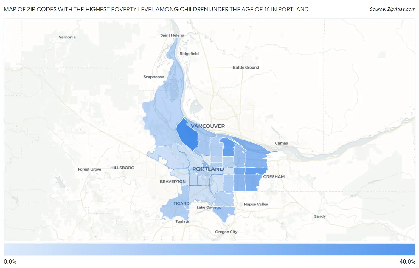 Zip Codes with the Highest Poverty Level Among Children Under the Age of 16 in Portland Map