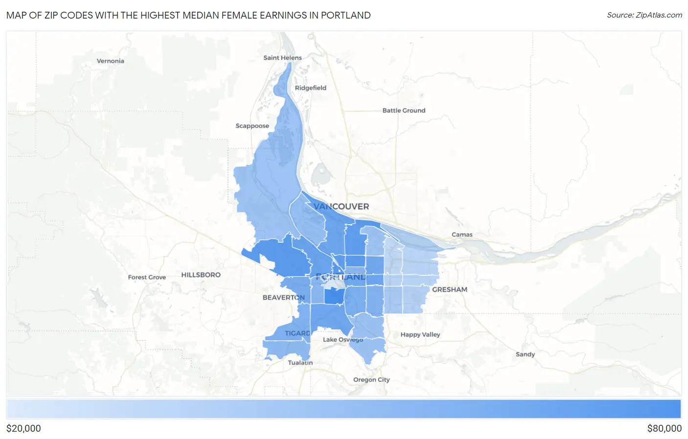Zip Codes with the Highest Median Female Earnings in Portland Map