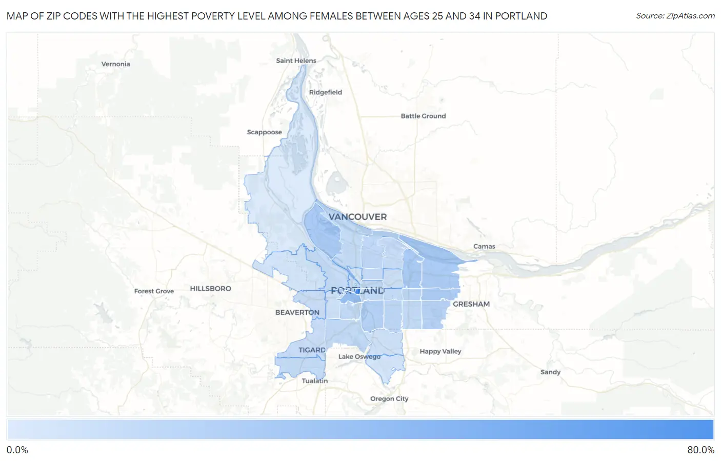 Zip Codes with the Highest Poverty Level Among Females Between Ages 25 and 34 in Portland Map