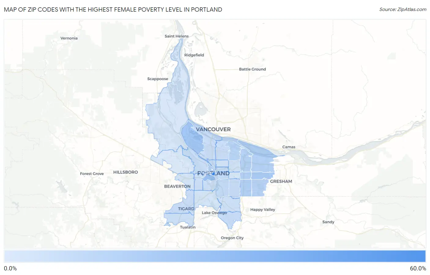 Zip Codes with the Highest Female Poverty Level in Portland Map