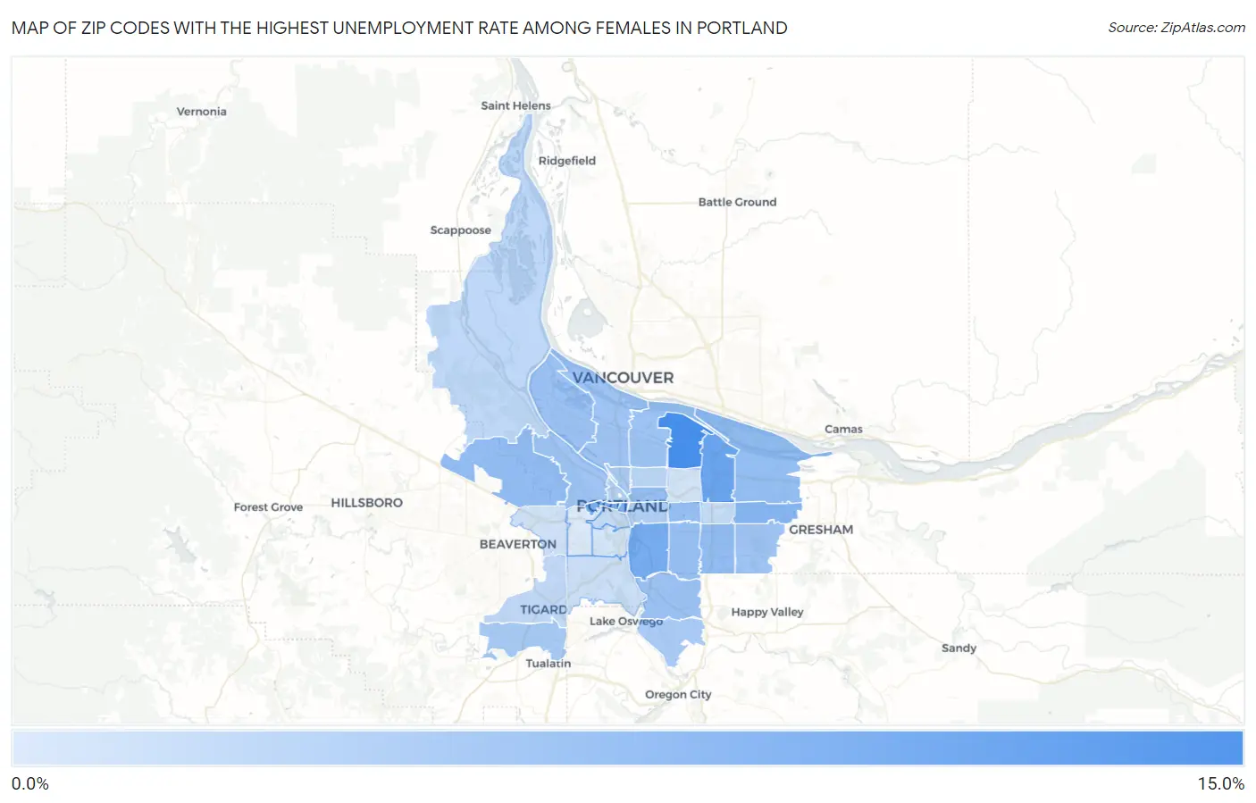 Zip Codes with the Highest Unemployment Rate Among Females in Portland Map
