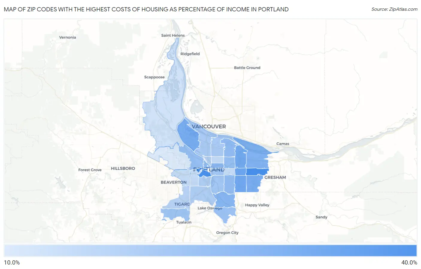 Zip Codes with the Highest Costs of Housing as Percentage of Income in Portland Map