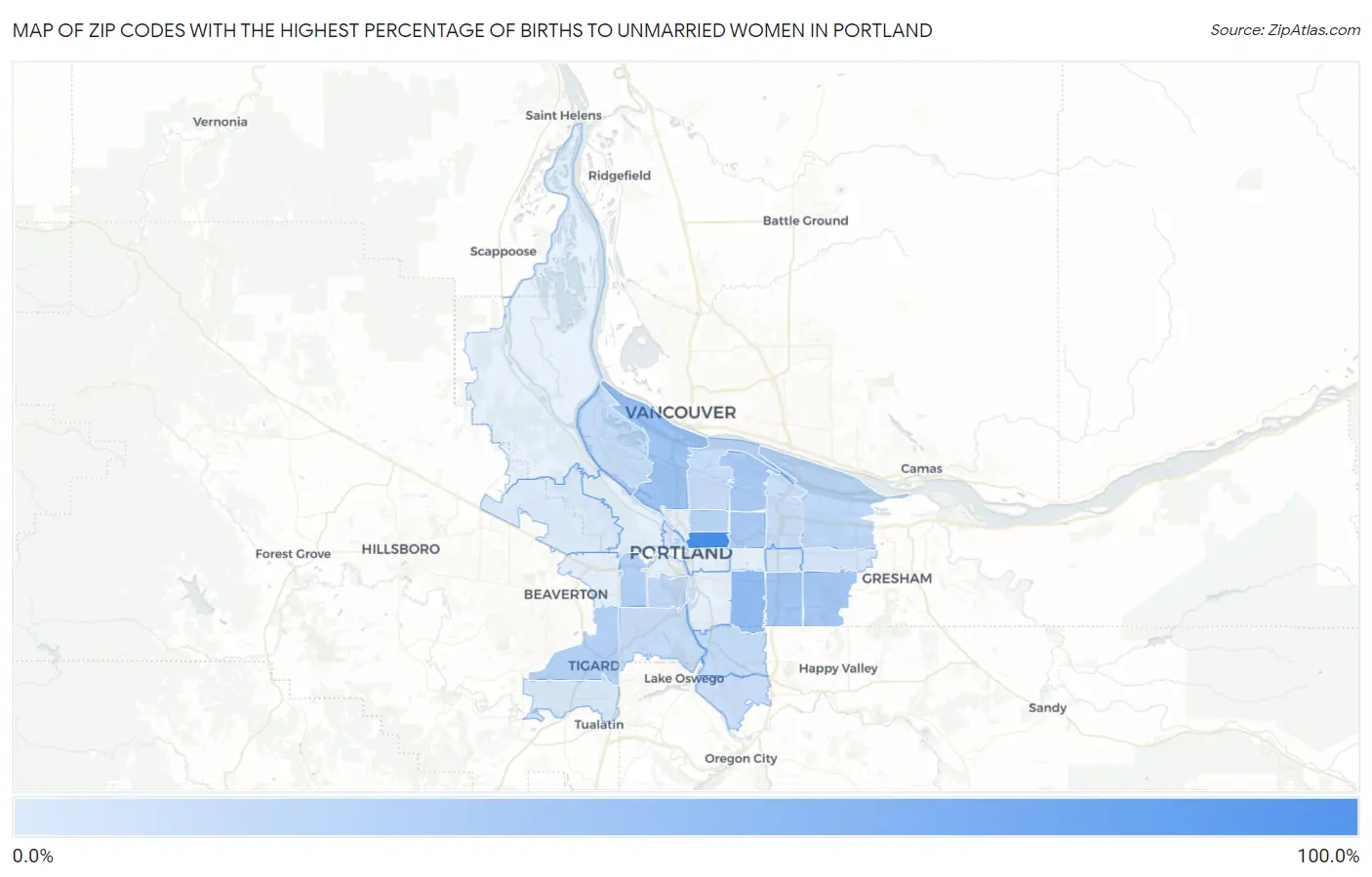 Zip Codes with the Highest Percentage of Births to Unmarried Women in Portland Map