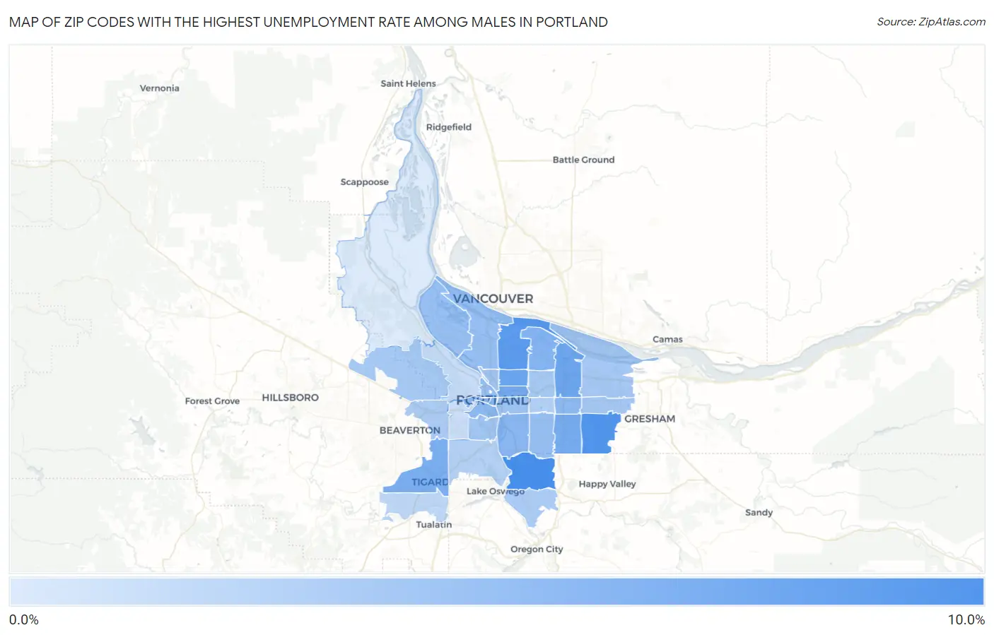 Zip Codes with the Highest Unemployment Rate Among Males in Portland Map