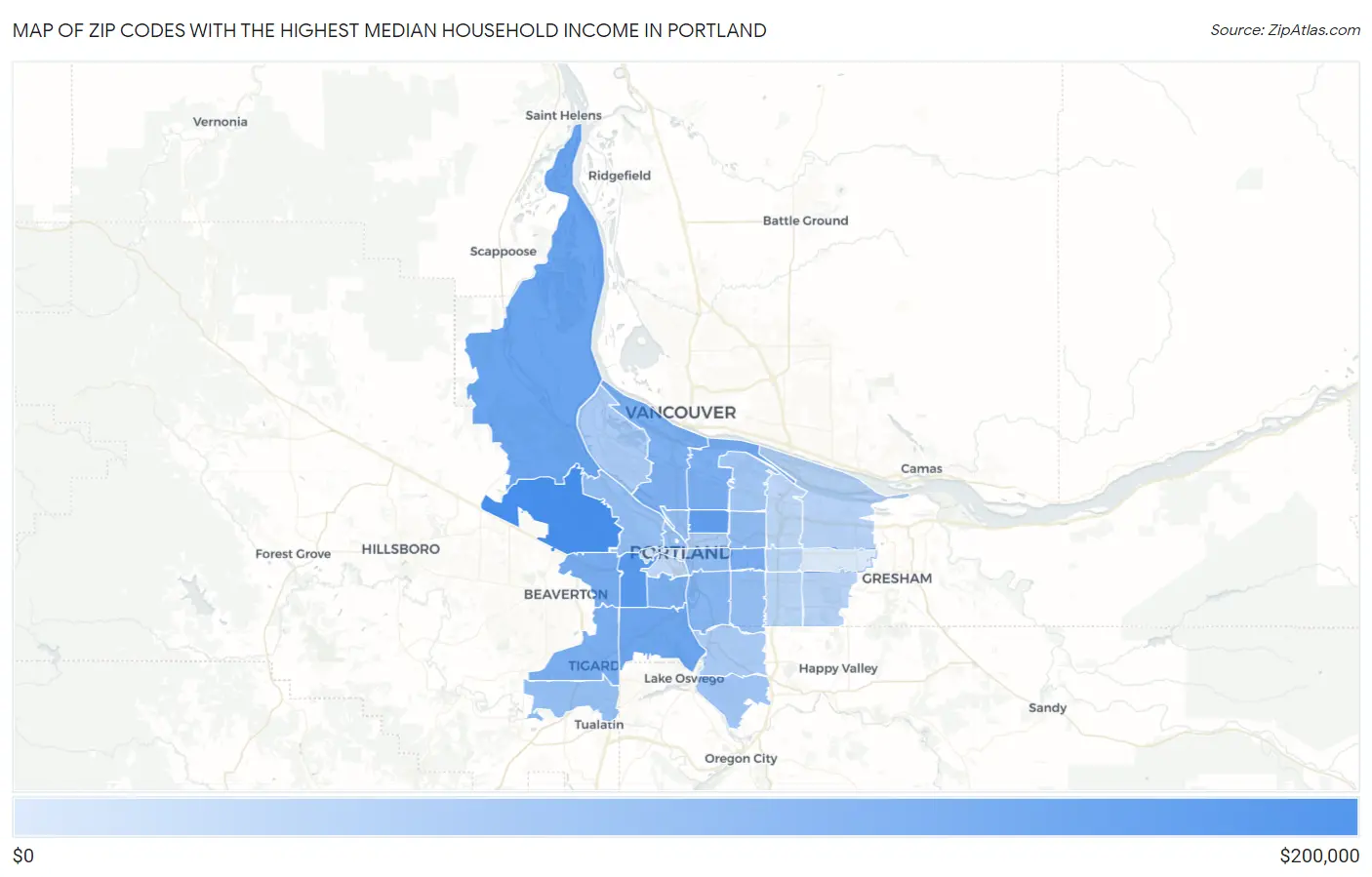 Zip Codes with the Highest Median Household Income in Portland Map
