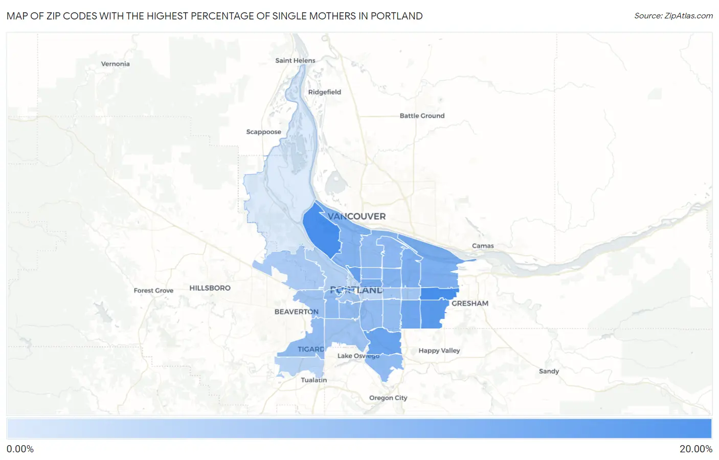 Zip Codes with the Highest Percentage of Single Mothers in Portland Map