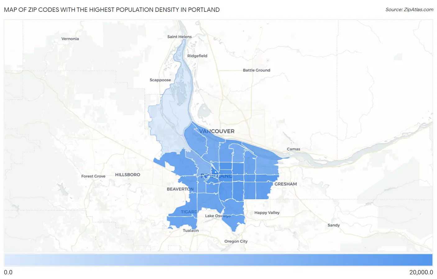 Zip Codes with the Highest Population Density in Portland Map