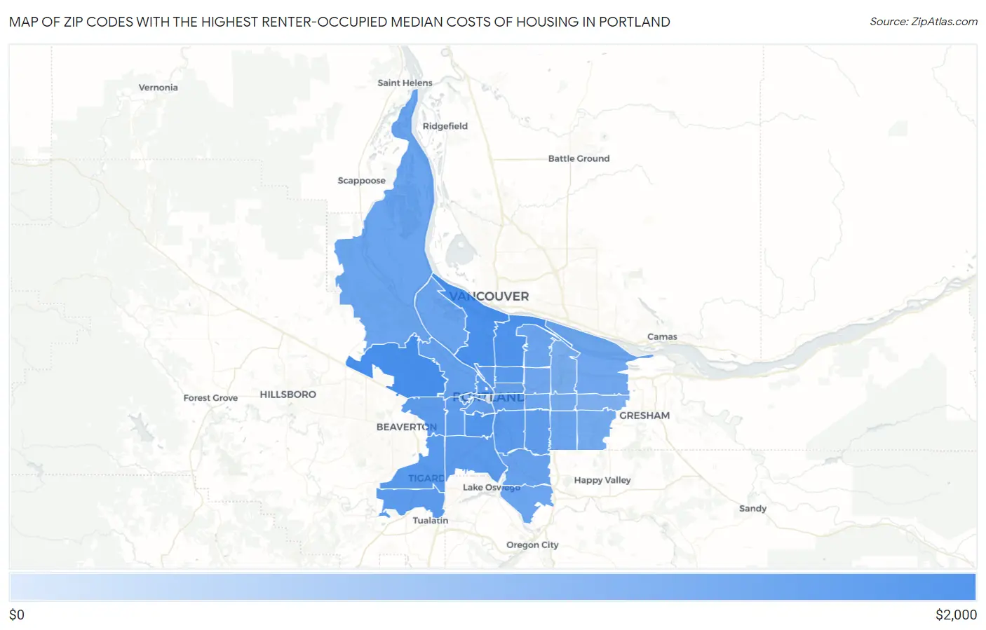 Zip Codes with the Highest Renter-Occupied Median Costs of Housing in Portland Map