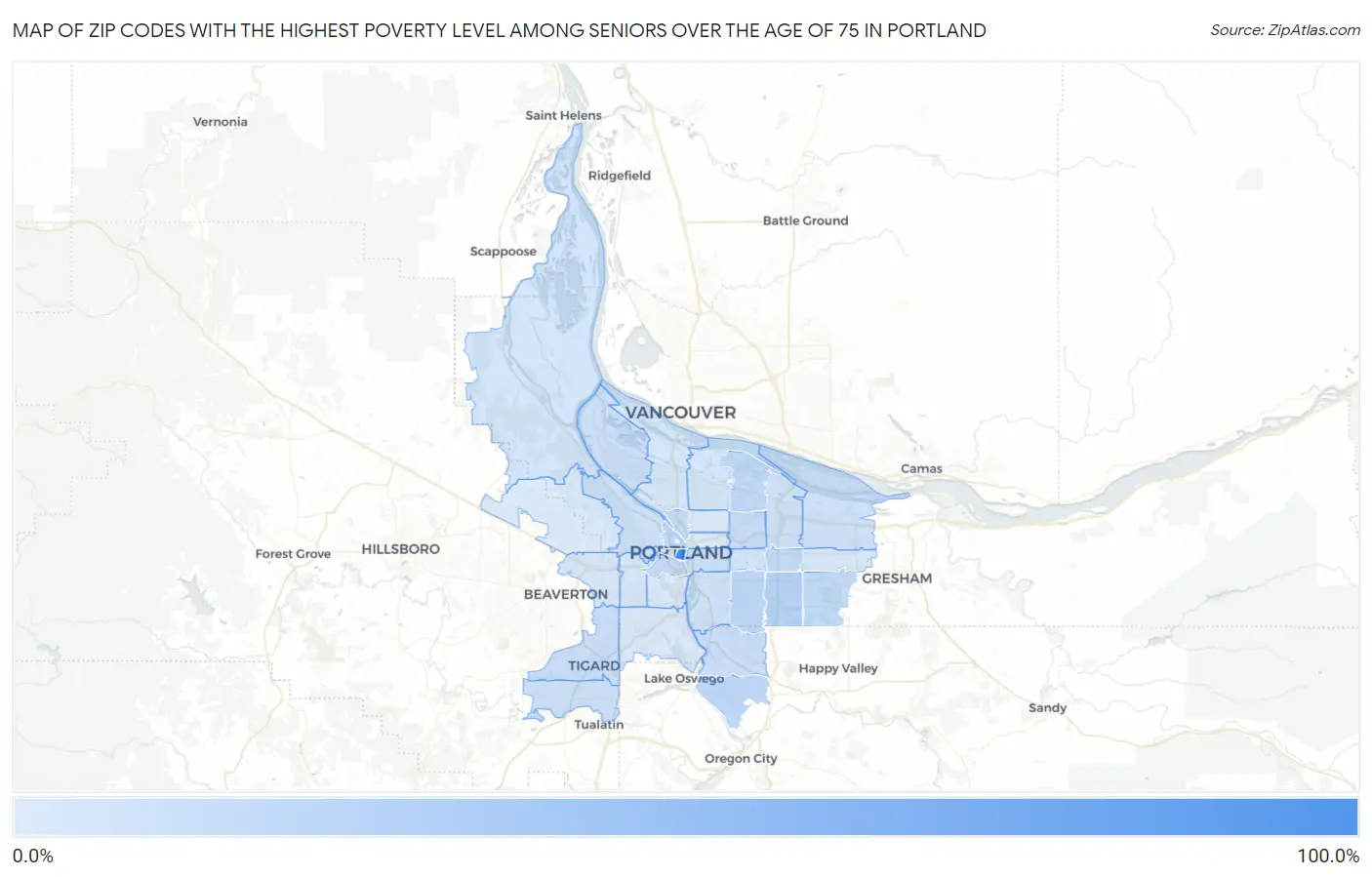Zip Codes with the Highest Poverty Level Among Seniors Over the Age of 75 in Portland Map