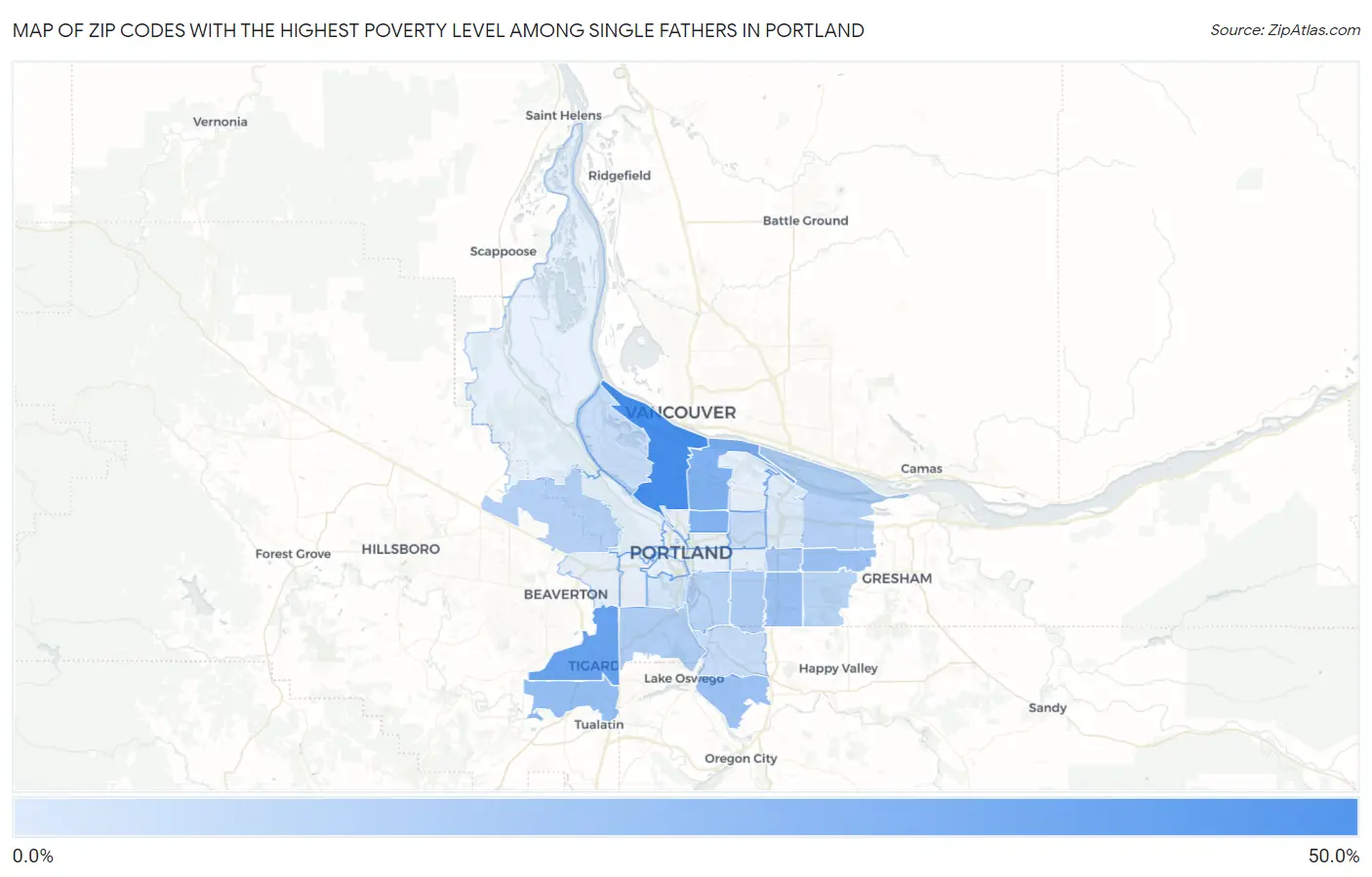 Zip Codes with the Highest Poverty Level Among Single Fathers in Portland Map