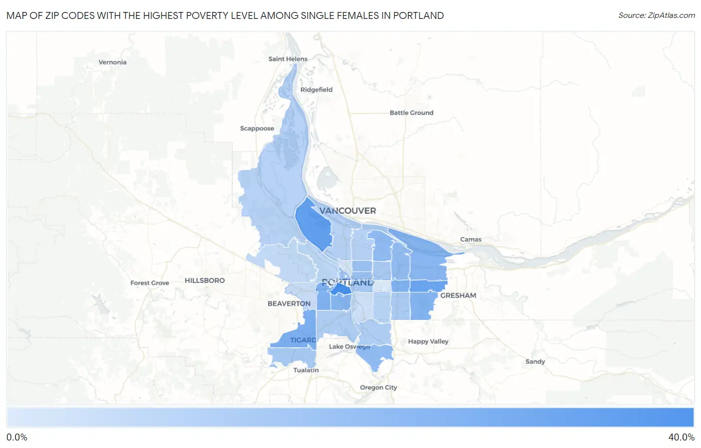 Zip Codes with the Highest Poverty Level Among Single Females in Portland Map