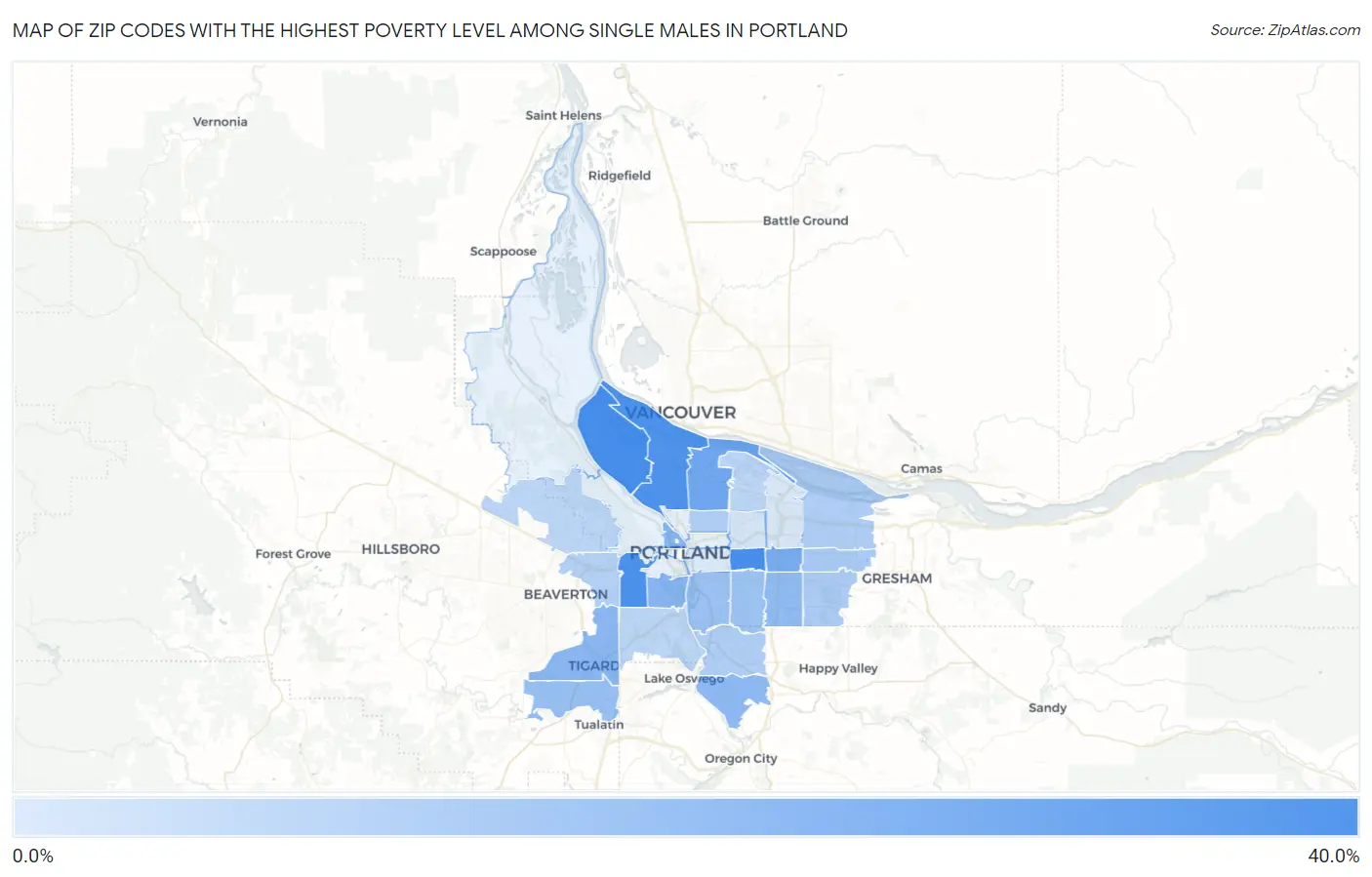 Zip Codes with the Highest Poverty Level Among Single Males in Portland Map