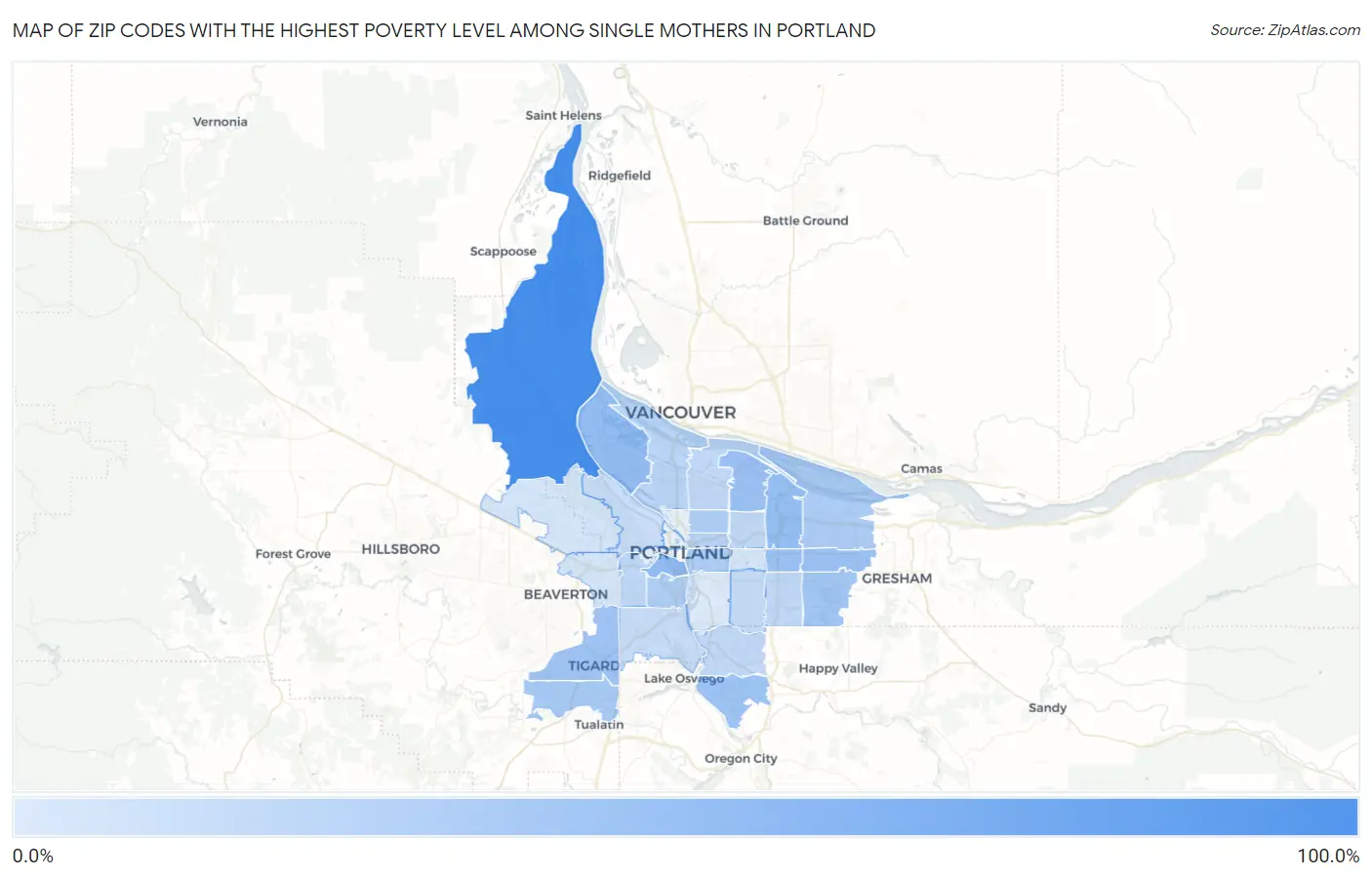 Zip Codes with the Highest Poverty Level Among Single Mothers in Portland Map