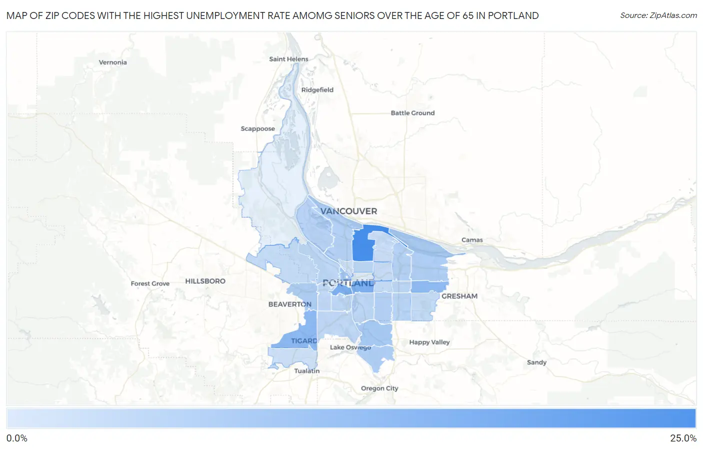 Zip Codes with the Highest Unemployment Rate Amomg Seniors Over the Age of 65 in Portland Map