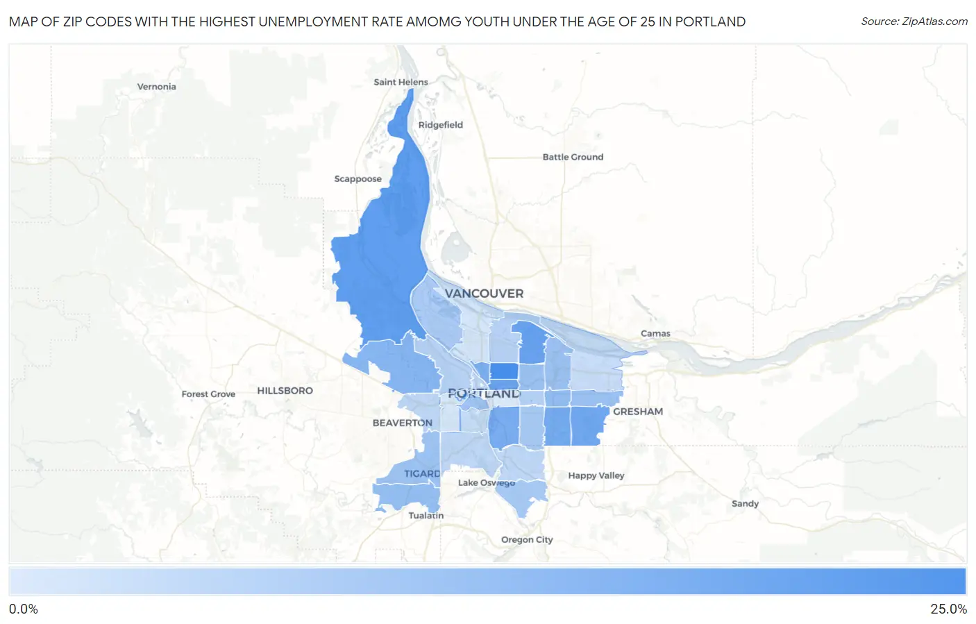 Zip Codes with the Highest Unemployment Rate Amomg Youth Under the Age of 25 in Portland Map