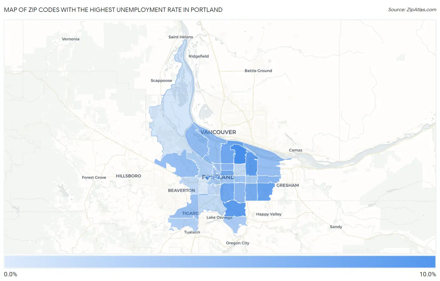 Zip Codes with the Highest Unemployment Rate in Portland Map