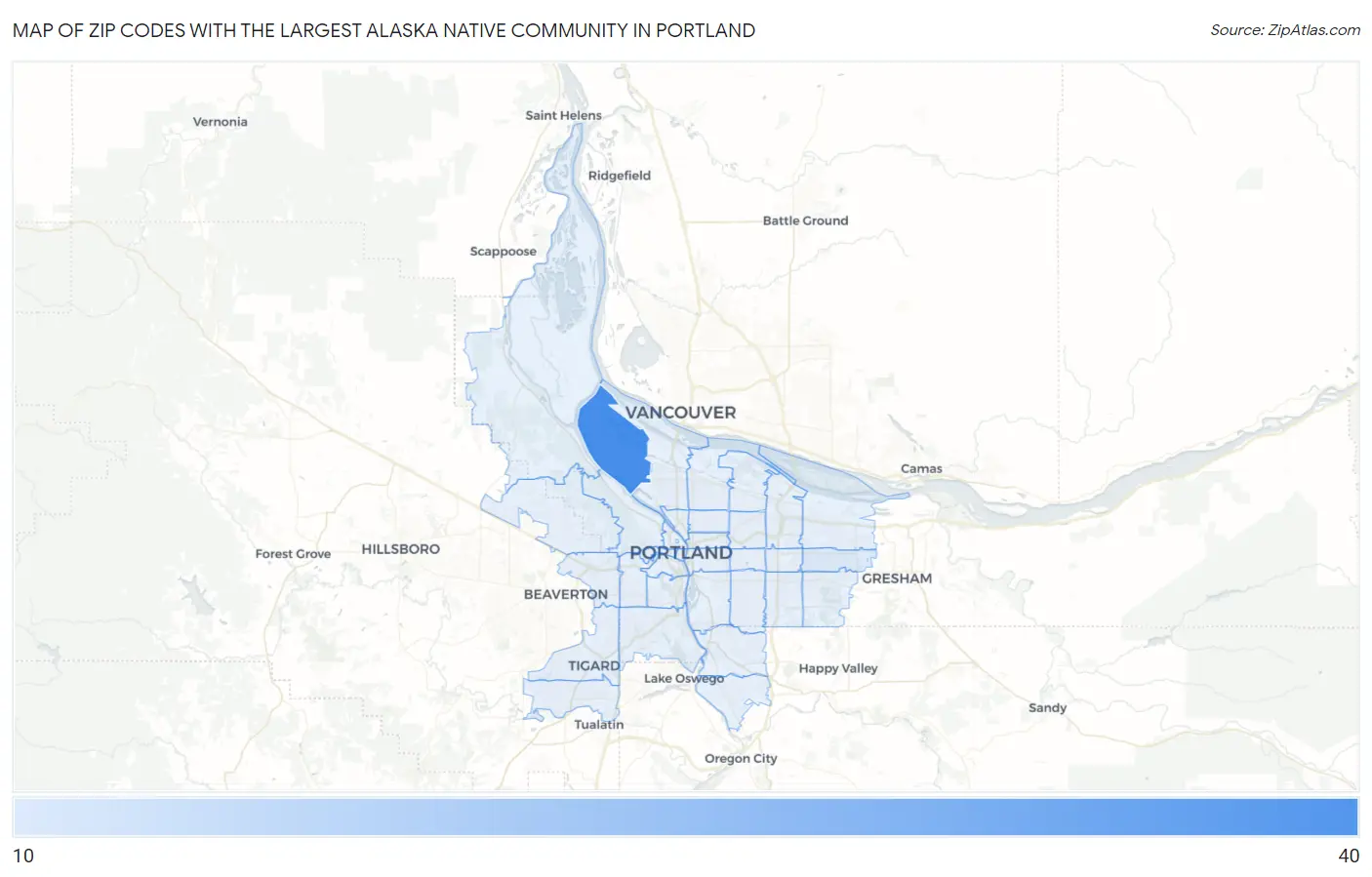 Zip Codes with the Largest Alaska Native Community in Portland Map