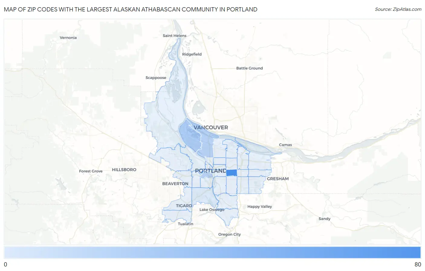 Zip Codes with the Largest Alaskan Athabascan Community in Portland Map