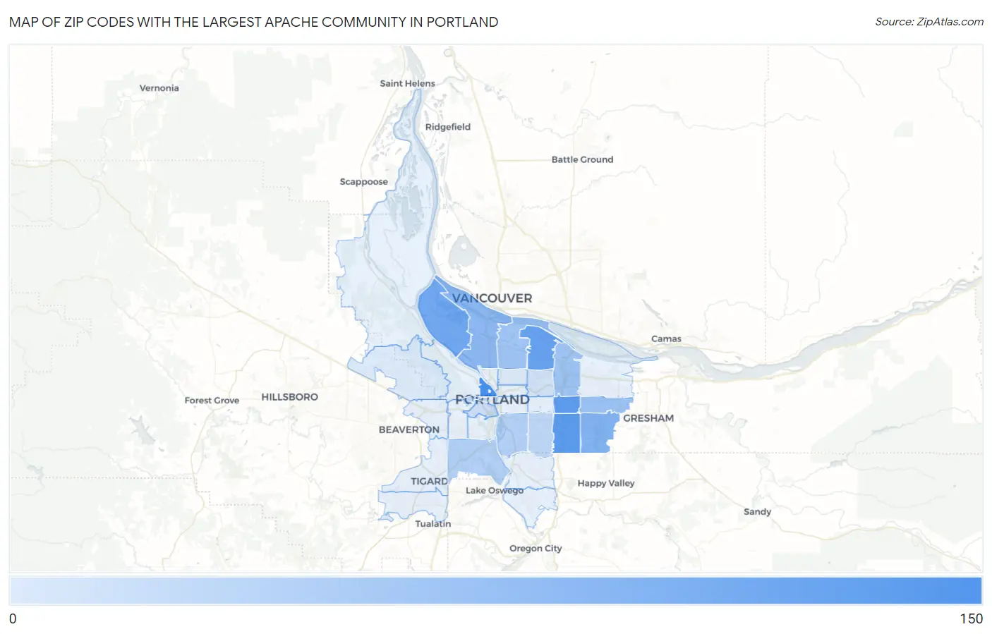 Zip Codes with the Largest Apache Community in Portland Map