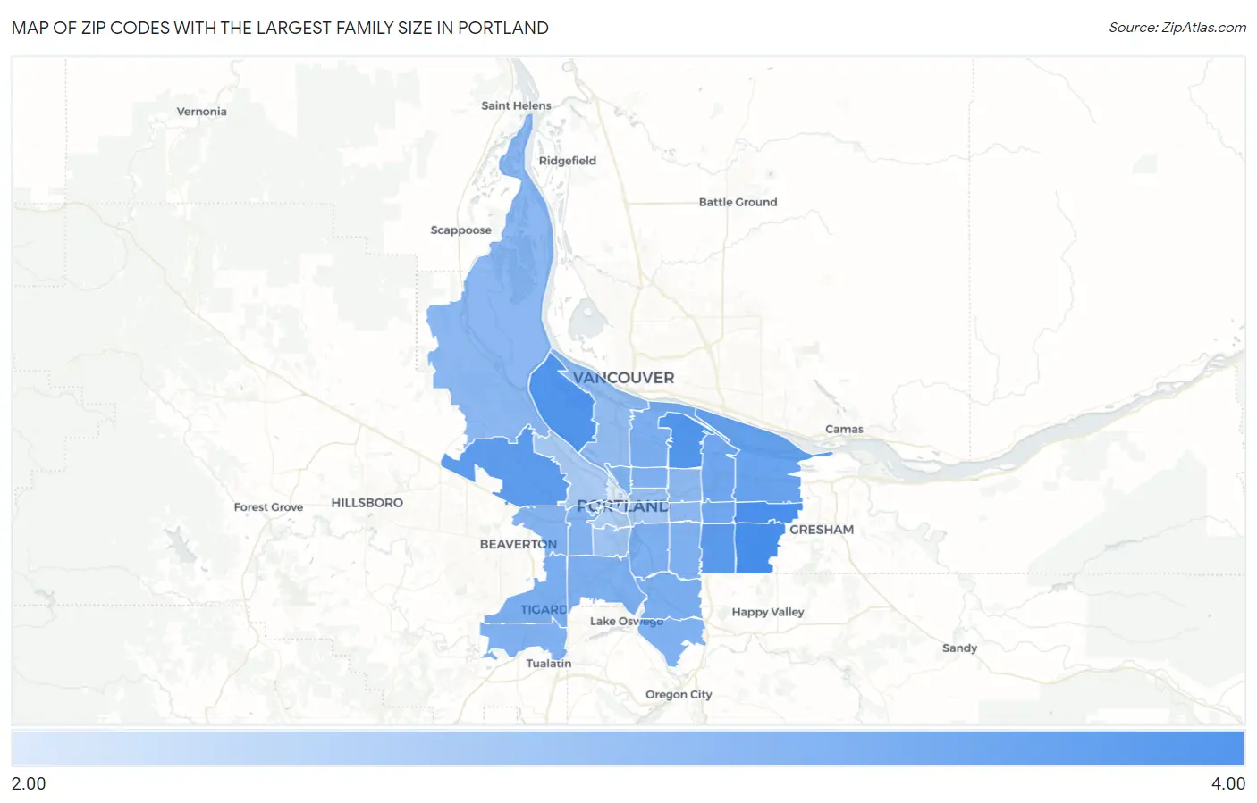 Zip Codes with the Largest Family Size in Portland Map