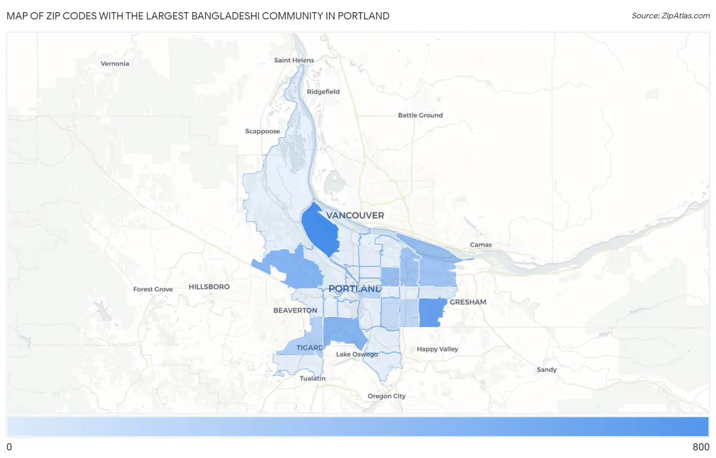 Zip Codes with the Largest Bangladeshi Community in Portland Map
