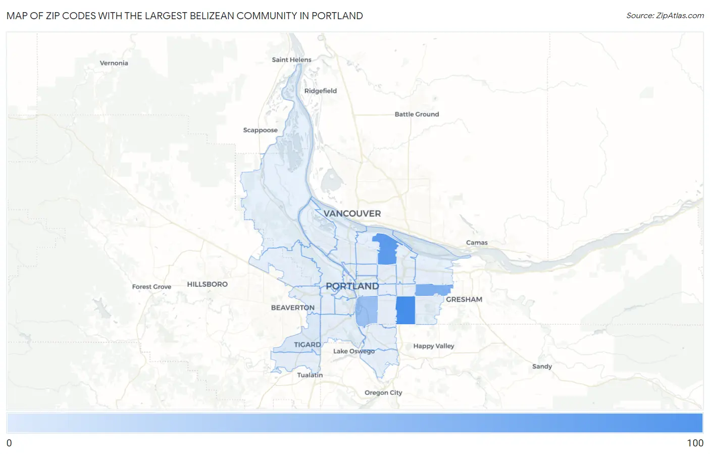 Zip Codes with the Largest Belizean Community in Portland Map