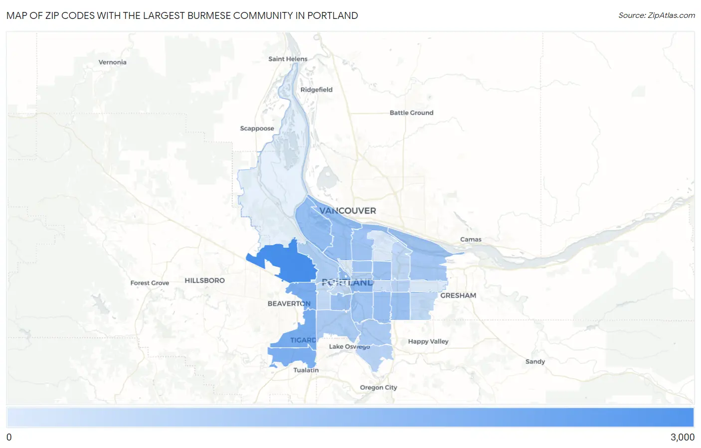 Zip Codes with the Largest Burmese Community in Portland Map