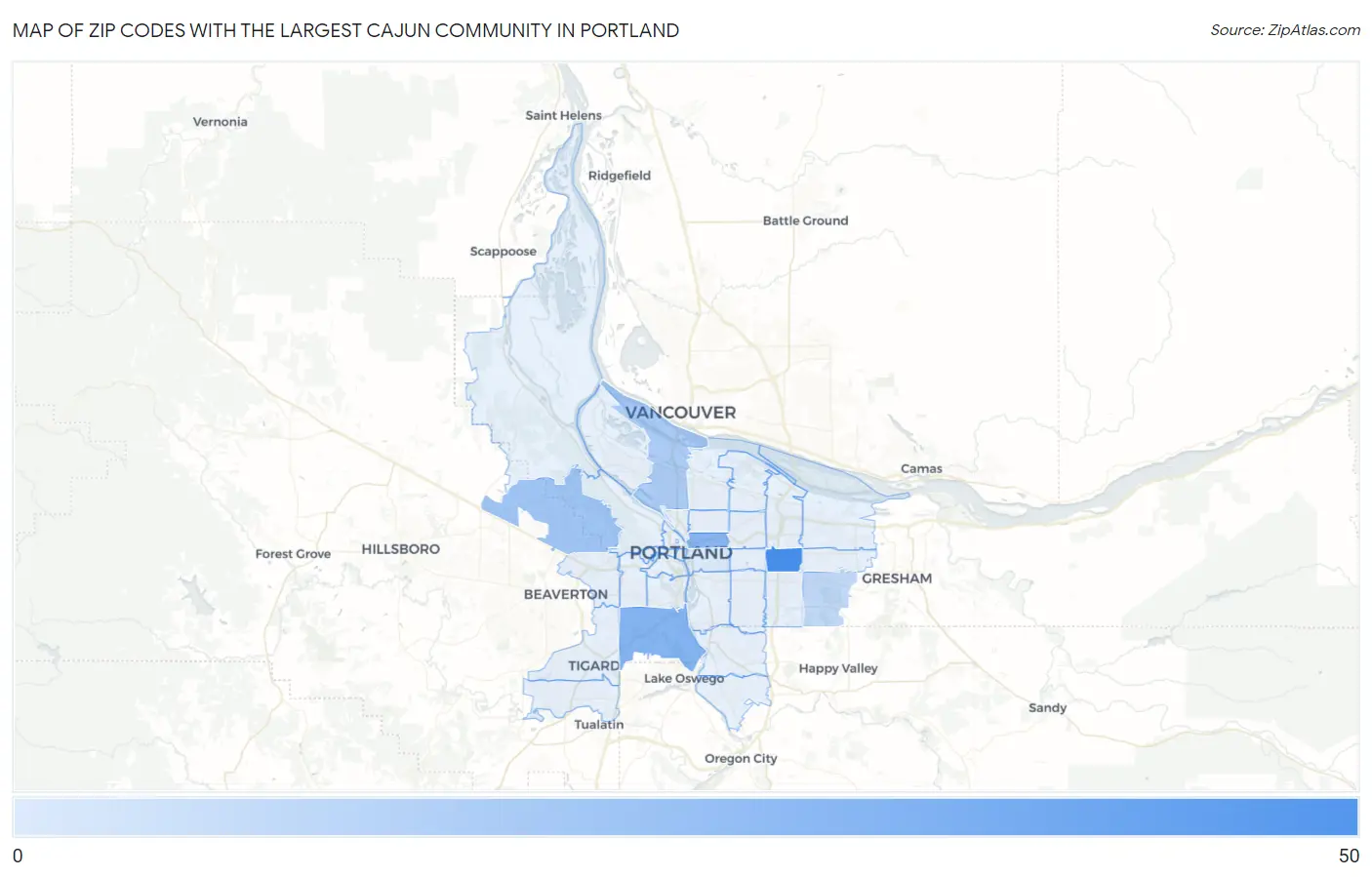 Zip Codes with the Largest Cajun Community in Portland Map