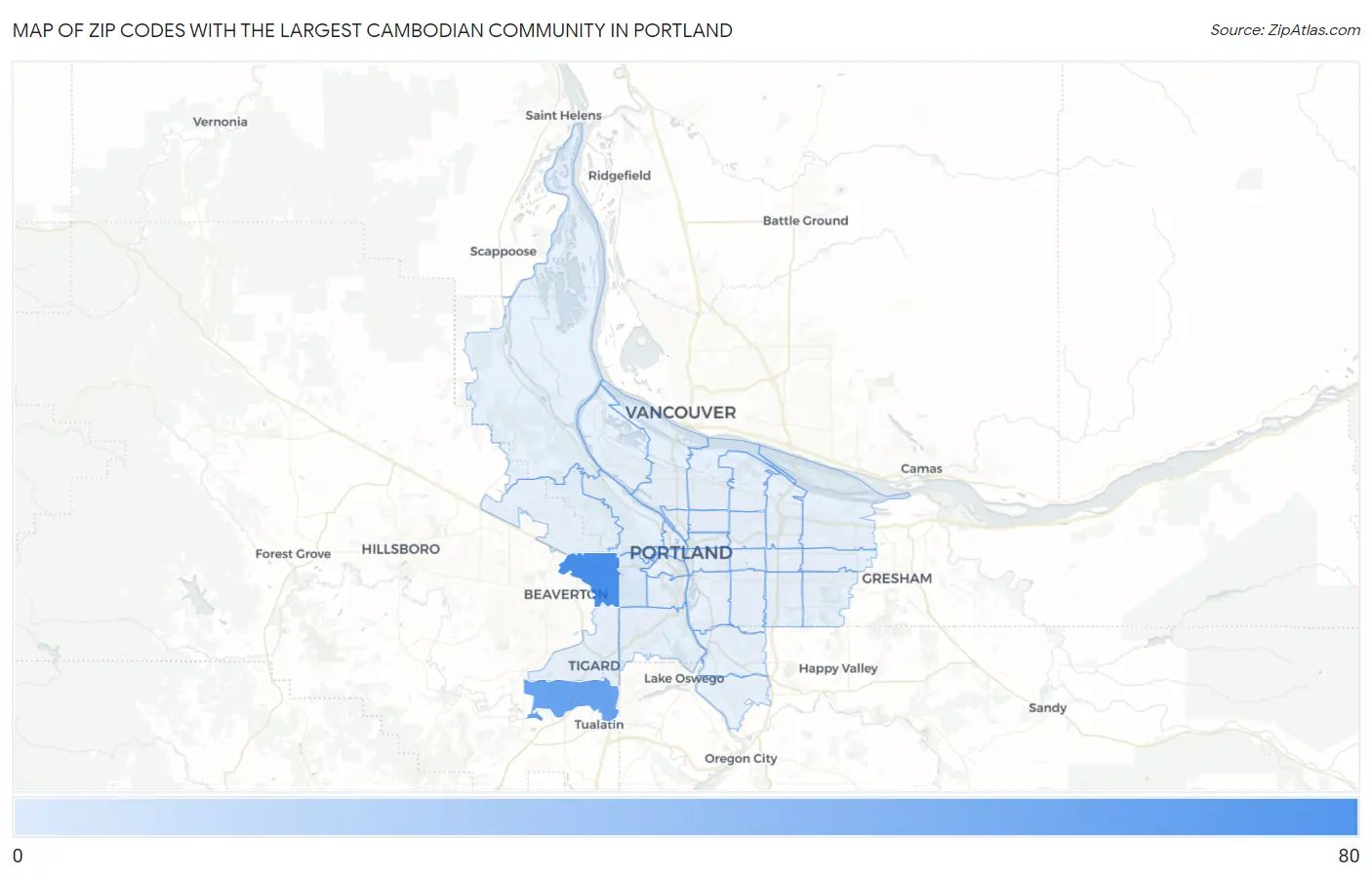 Zip Codes with the Largest Cambodian Community in Portland Map