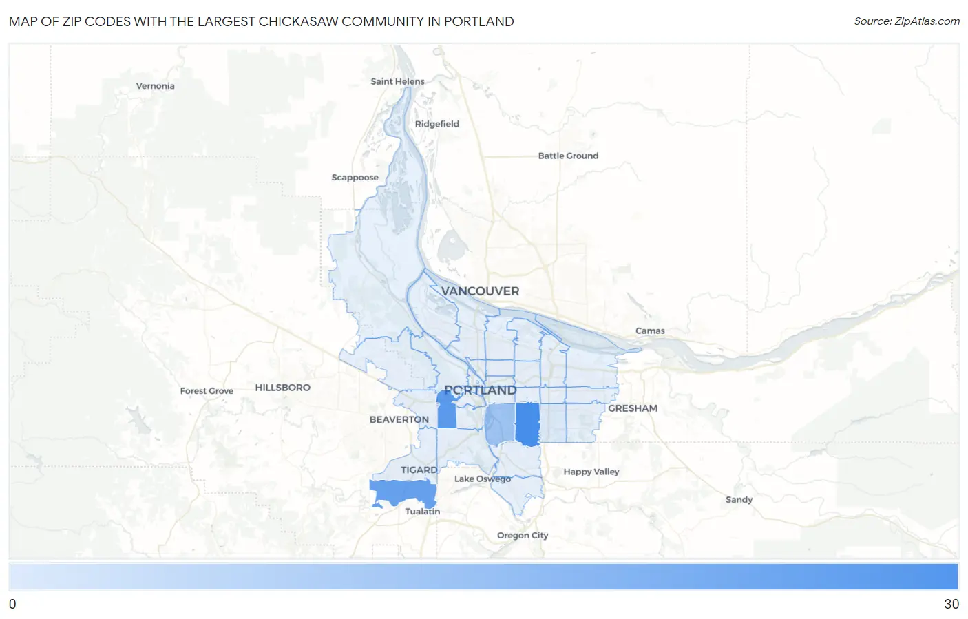 Zip Codes with the Largest Chickasaw Community in Portland Map