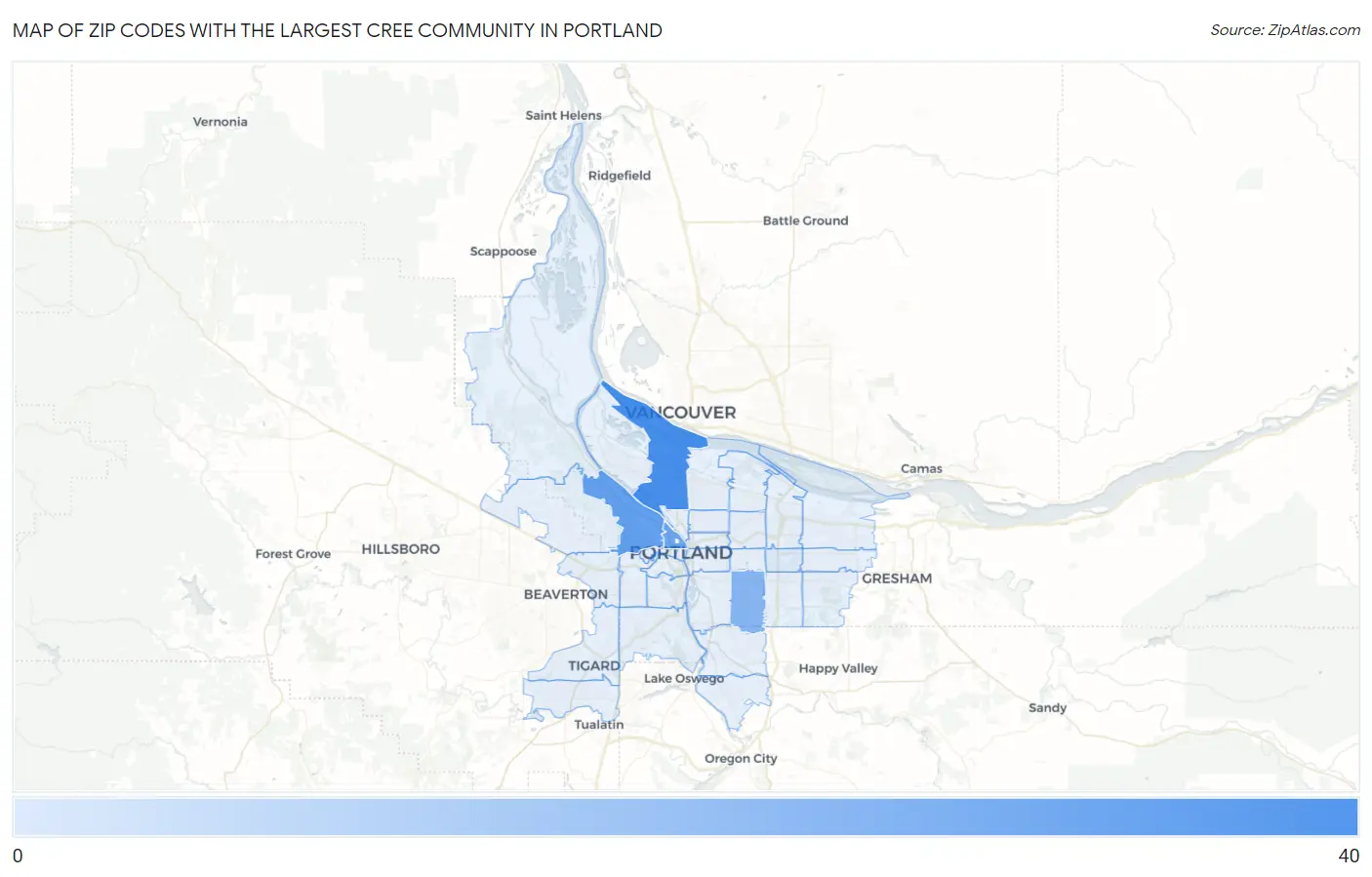 Zip Codes with the Largest Cree Community in Portland Map