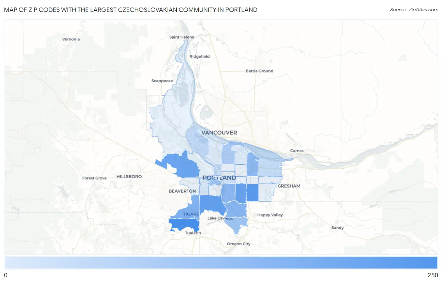 Zip Codes with the Largest Czechoslovakian Community in Portland Map