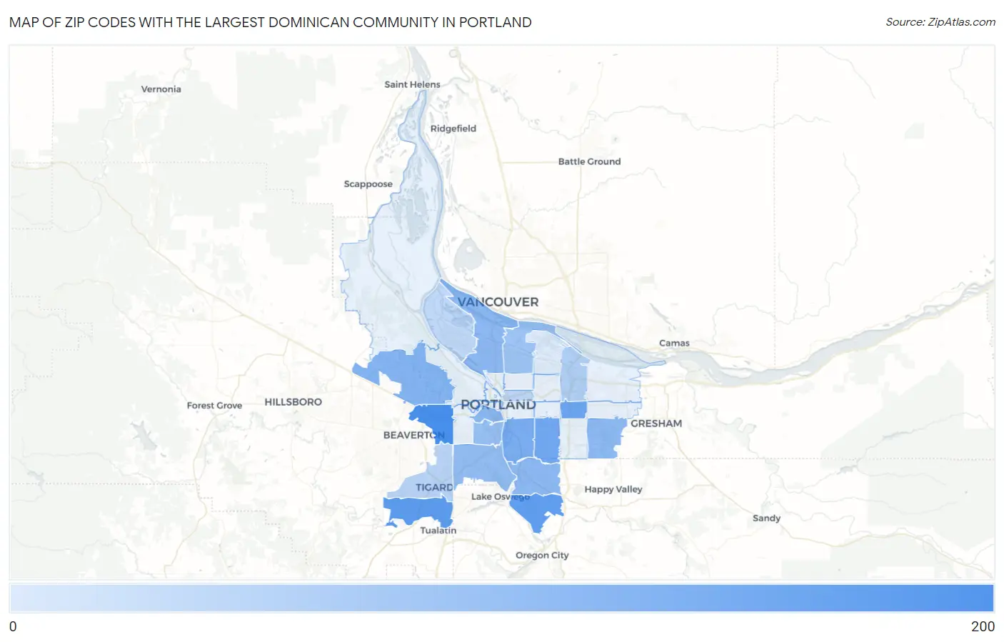 Zip Codes with the Largest Dominican Community in Portland Map