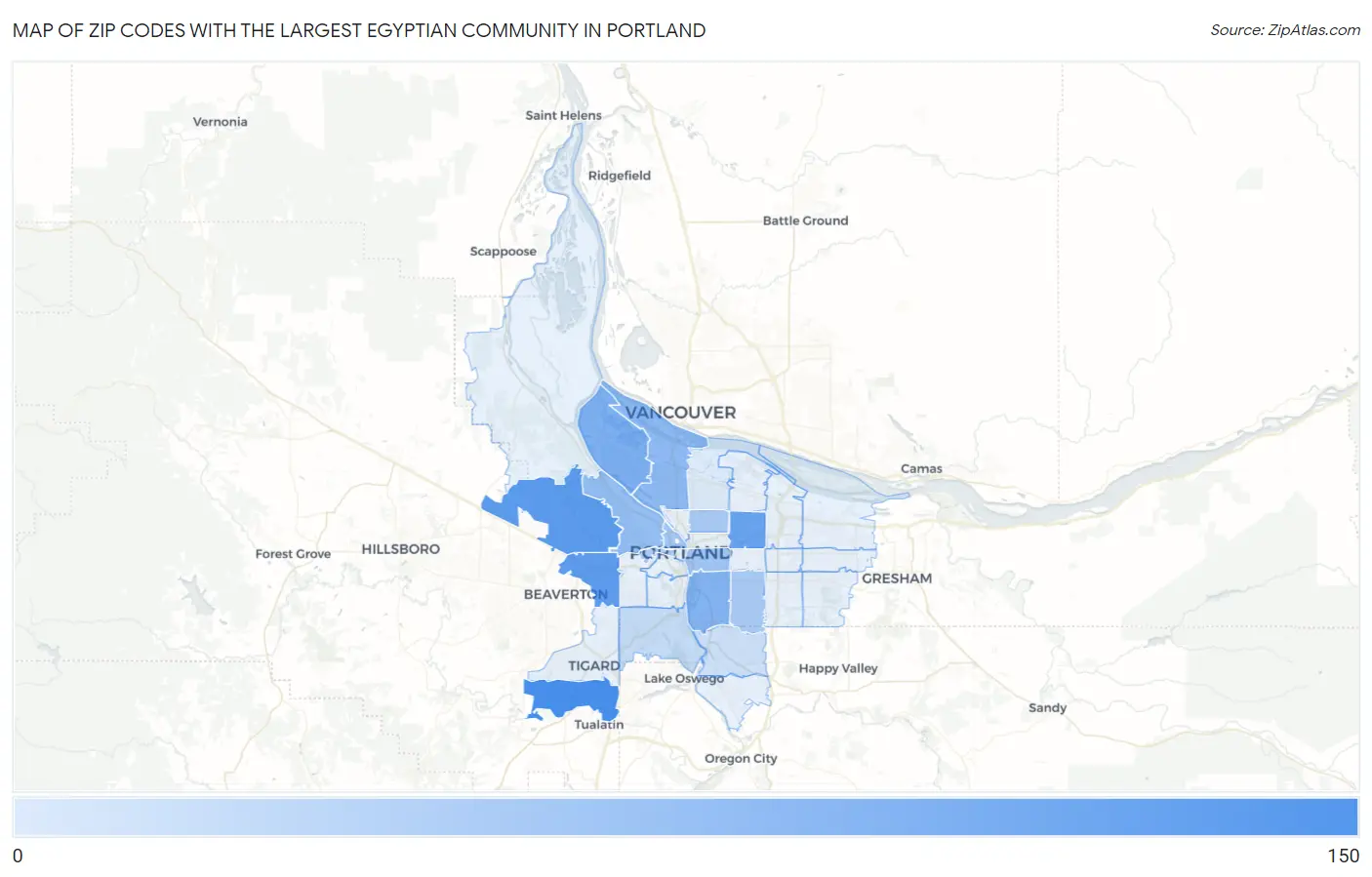 Zip Codes with the Largest Egyptian Community in Portland Map