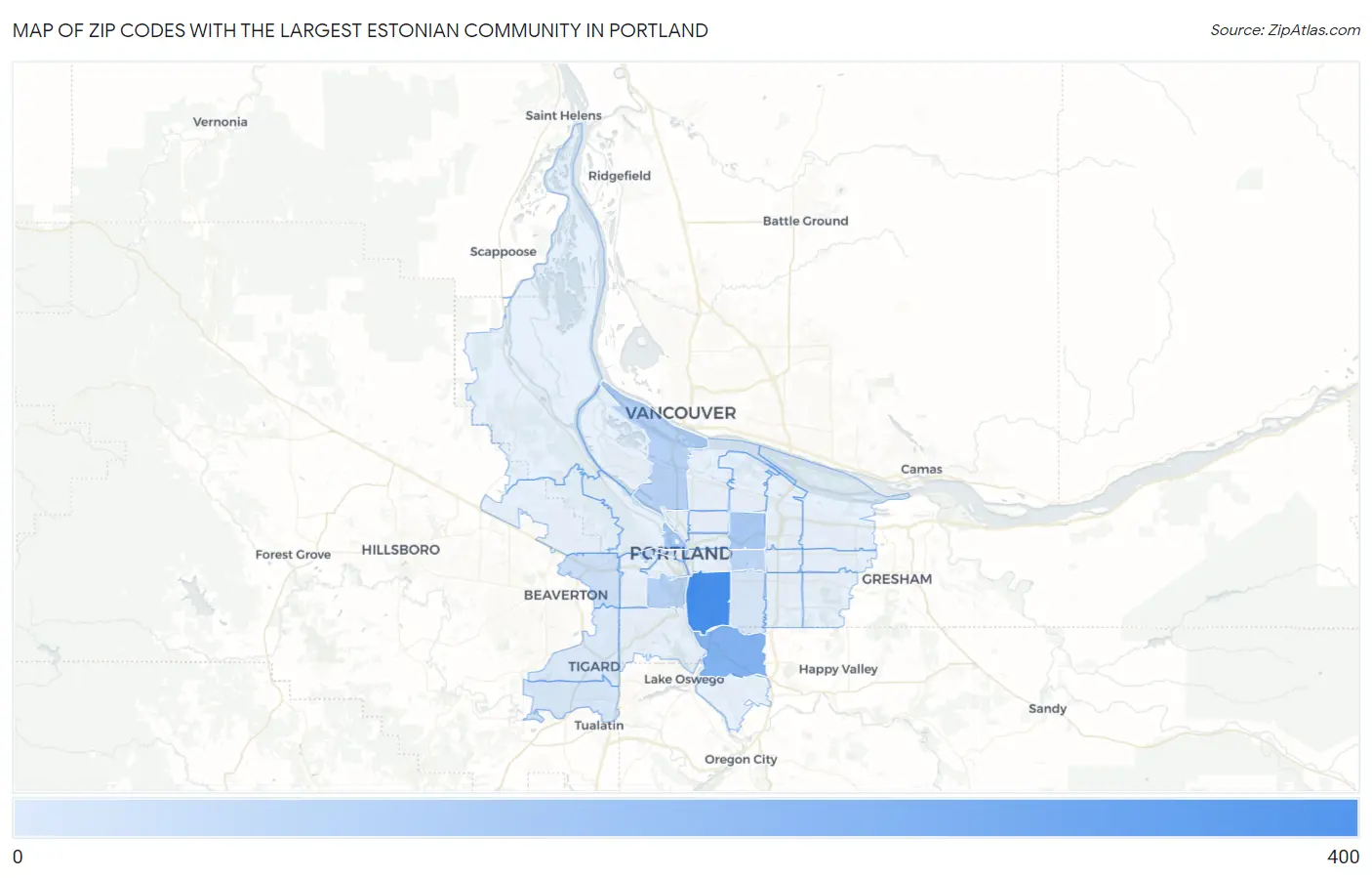 Zip Codes with the Largest Estonian Community in Portland Map