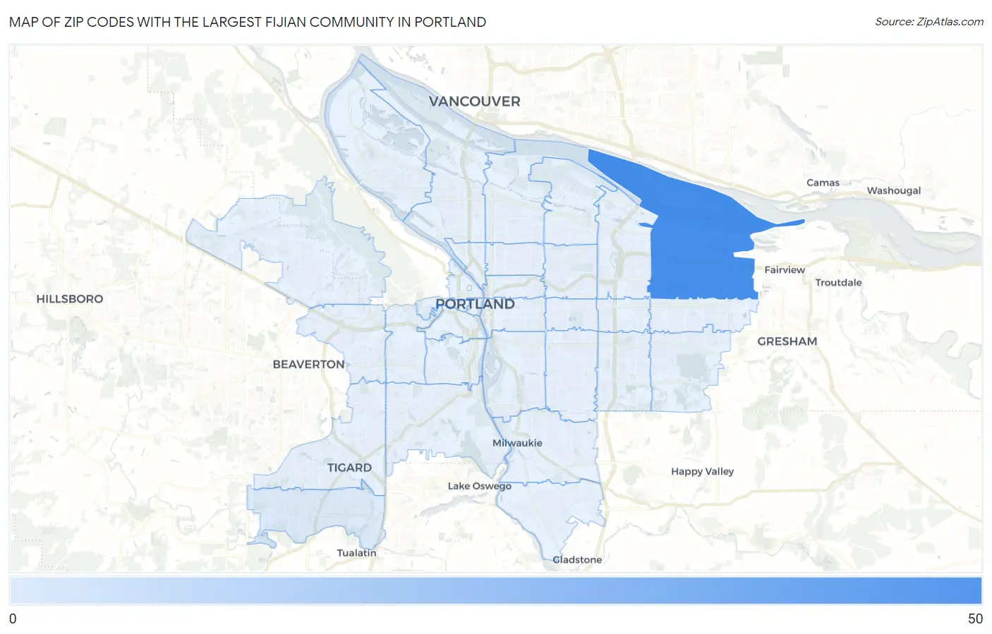 Zip Codes with the Largest Fijian Community in Portland Map
