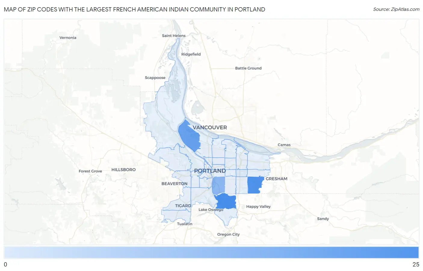 Zip Codes with the Largest French American Indian Community in Portland Map