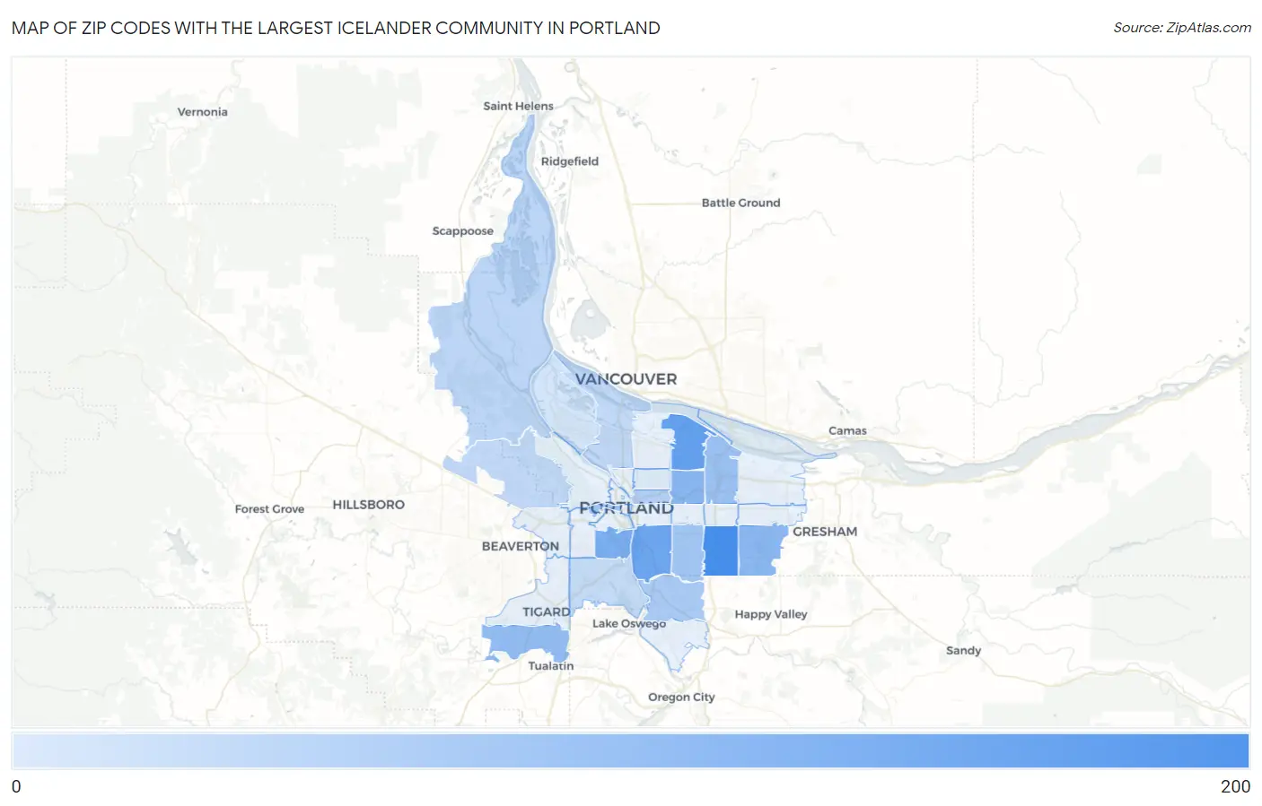 Zip Codes with the Largest Icelander Community in Portland Map