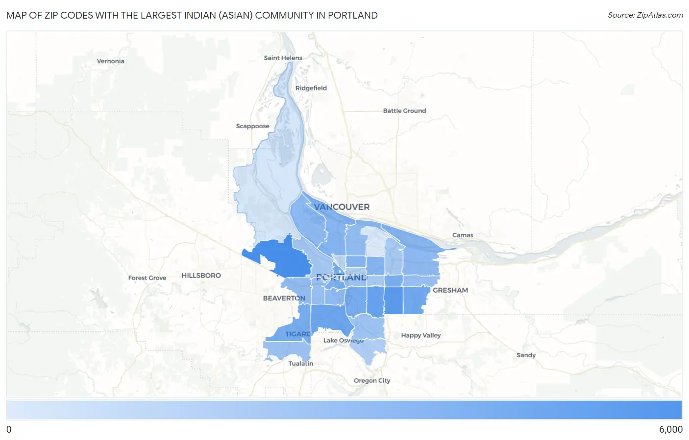 Zip Codes with the Largest Indian (Asian) Community in Portland Map