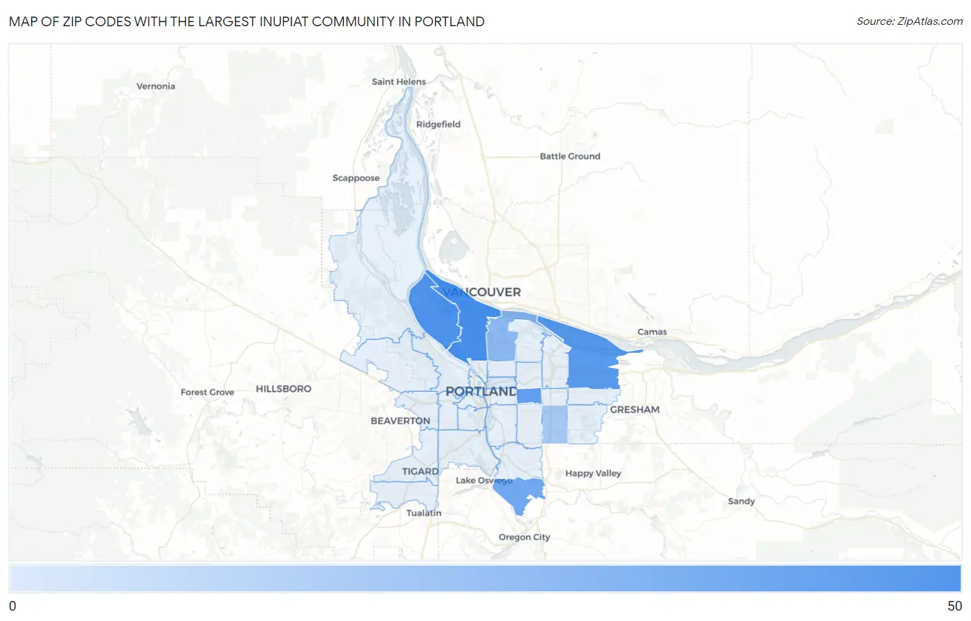 Zip Codes with the Largest Inupiat Community in Portland Map