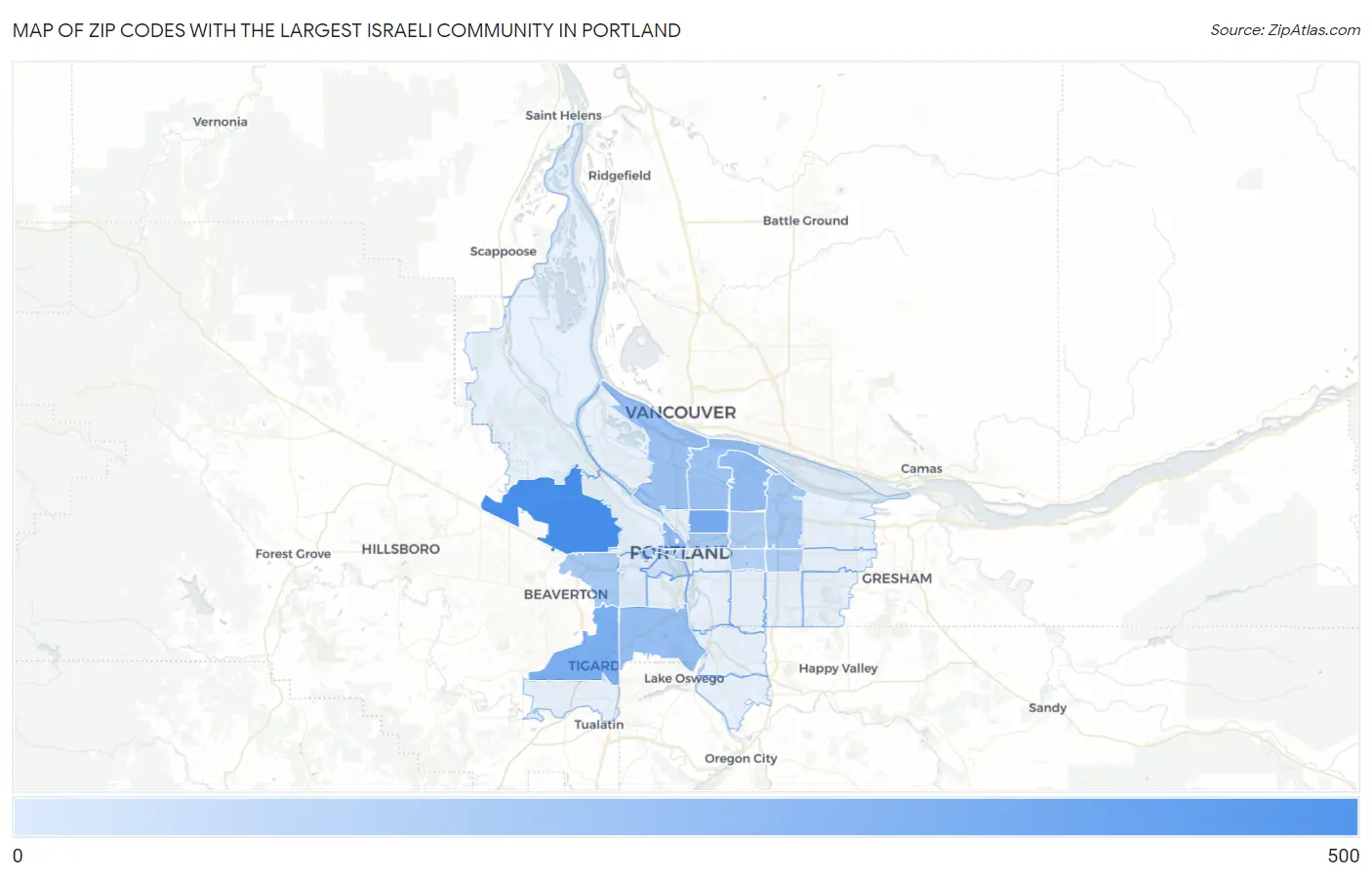 Zip Codes with the Largest Israeli Community in Portland Map