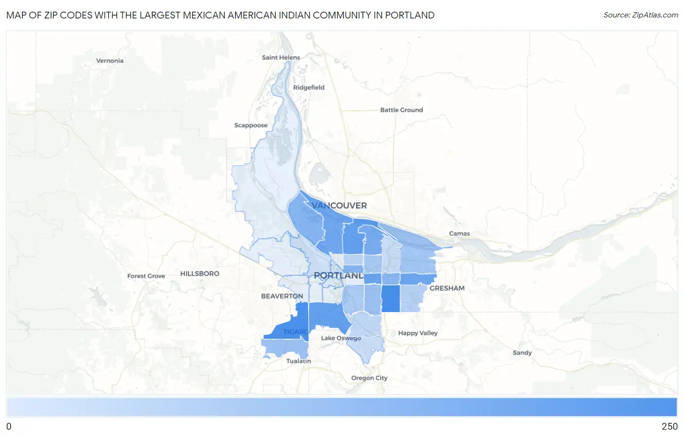 Zip Codes with the Largest Mexican American Indian Community in Portland Map
