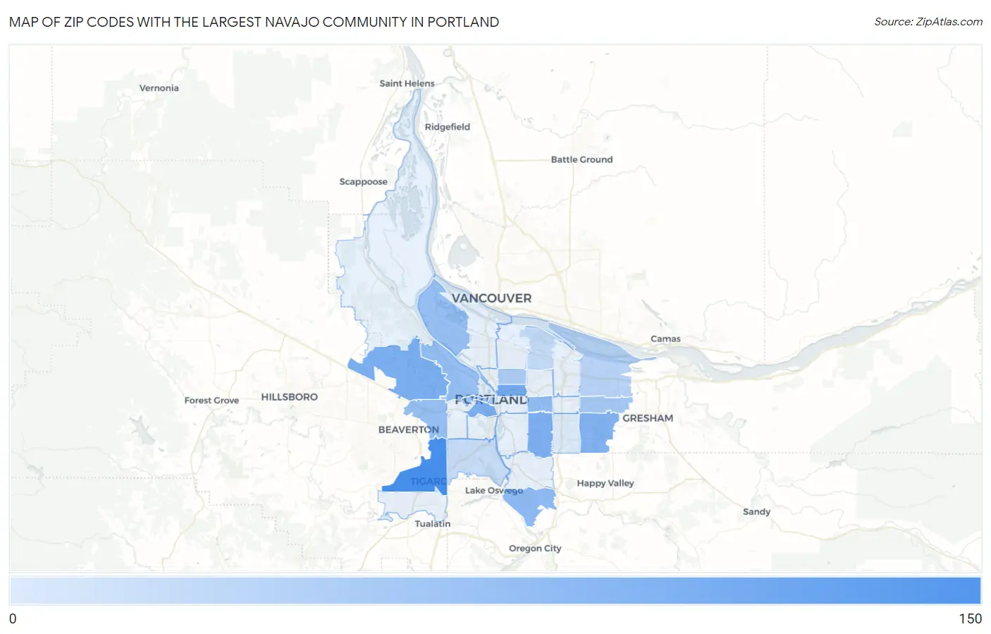 Zip Codes with the Largest Navajo Community in Portland Map