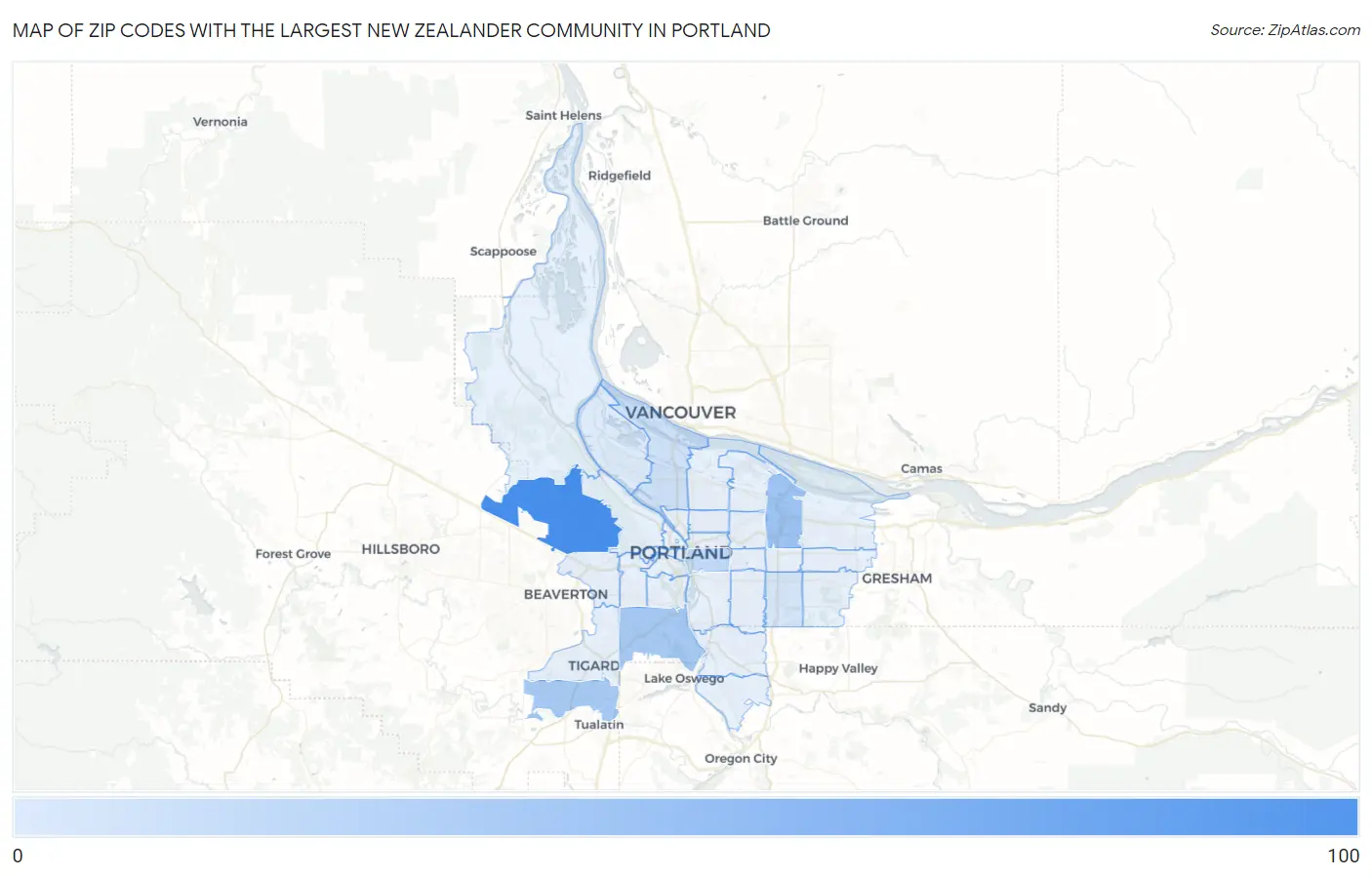 Zip Codes with the Largest New Zealander Community in Portland Map