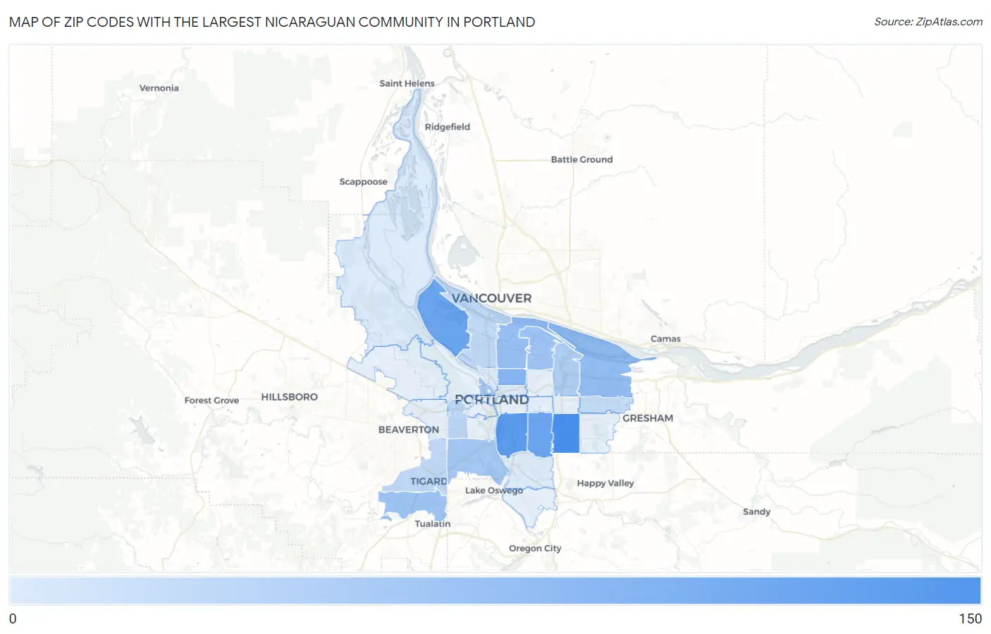 Zip Codes with the Largest Nicaraguan Community in Portland Map
